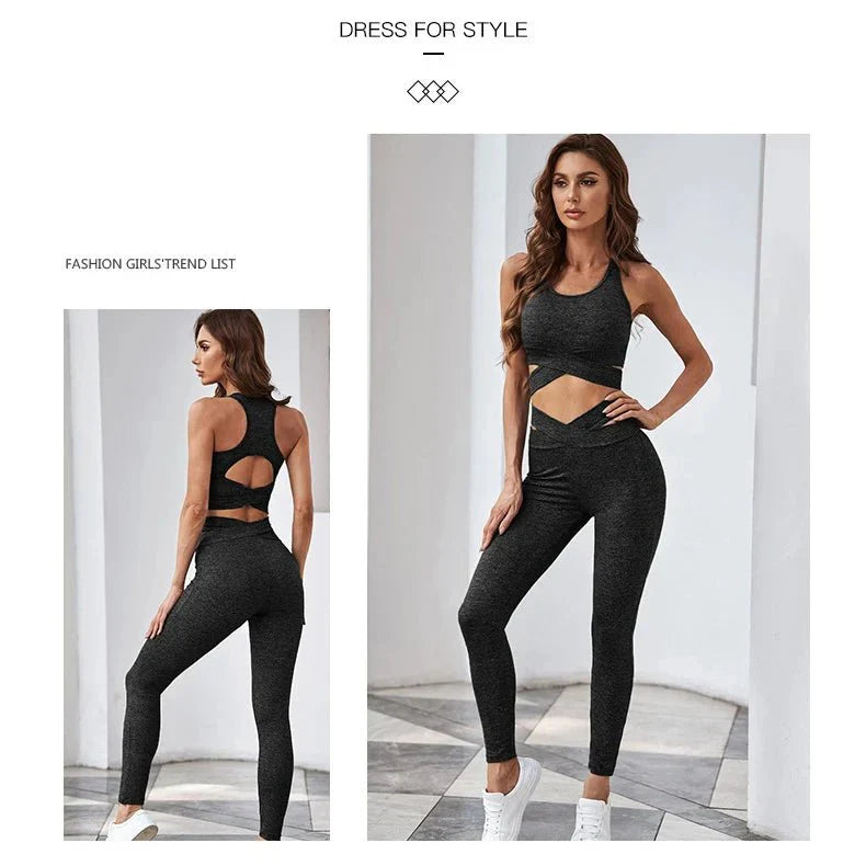 PilatesCoree High-Waist Leggings and Sports Bra 2-Piece Set - Seamless Activewear for Enhanced Comfort and Support