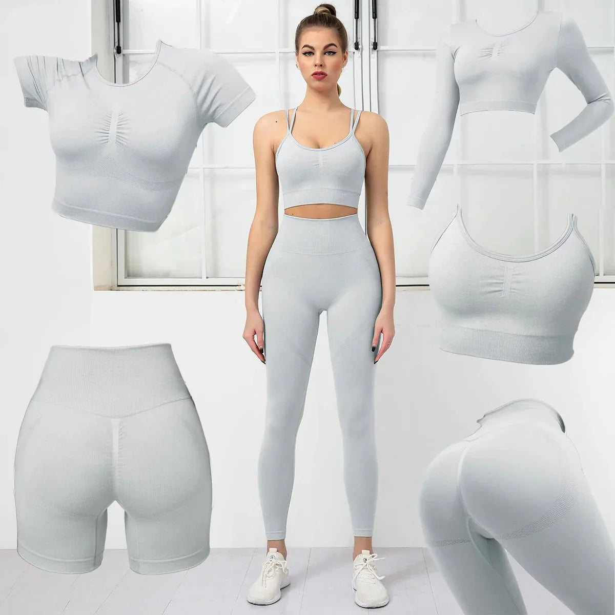 PilatesCoree Women's Yoga Set - 5-Piece, Seamless Sports Bra, Long Sleeve Top, Scrunch Leggings