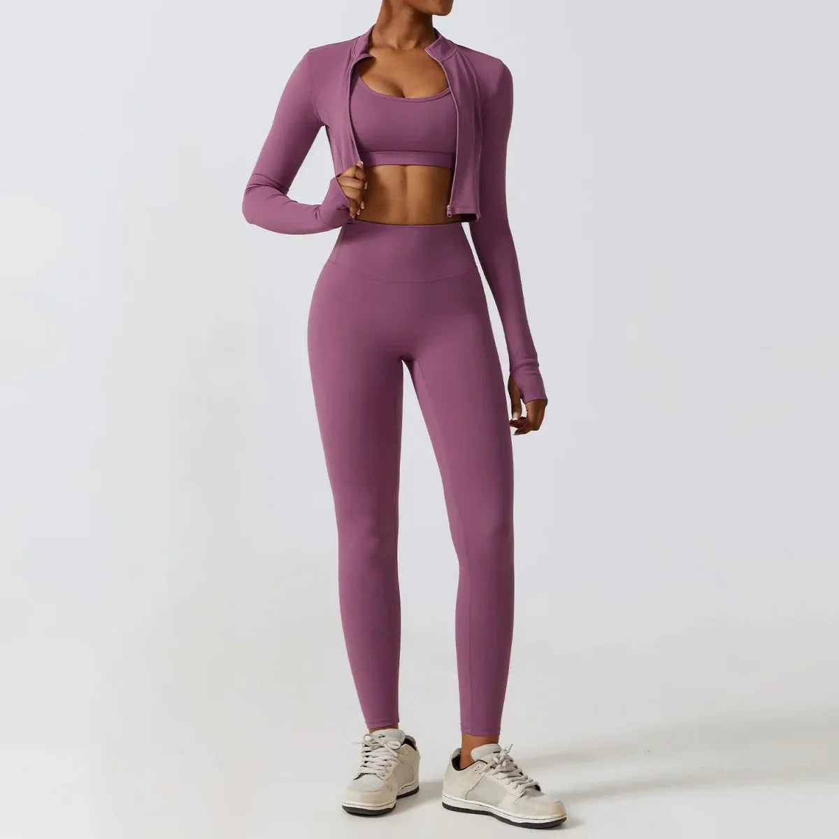 PilatesCoree Women's Workout Sets: Crop Jacket, Yoga Leggings & Sports Bra