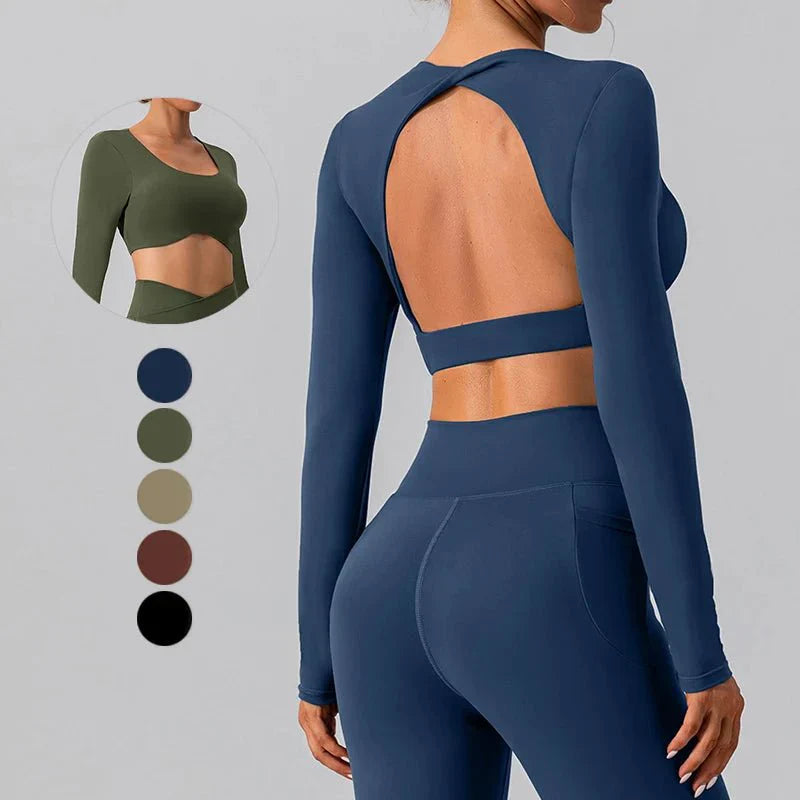 PilatesCore Women's Breathable Backless Long Sleeve Workout Shirts