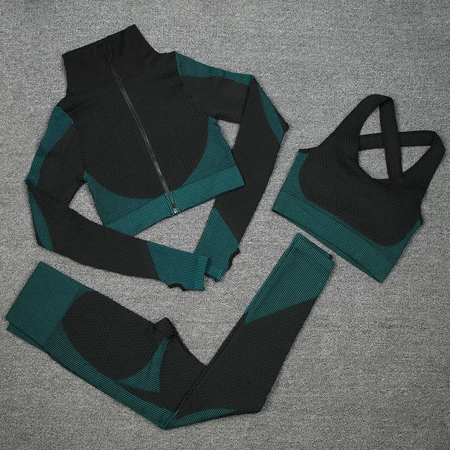 Women's Activewear Sets 3 Piece Crop Top, Workout Bra, Leggings & Sports Jacket - Allen - Fitness
