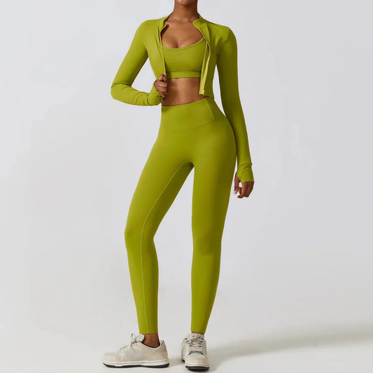 PilatesCoree  Women's Workout Sets: Crop Jacket, Yoga Leggings & Sports Bra