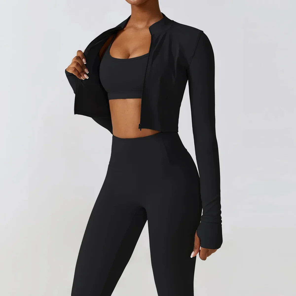 PilatesCoree  Women's Workout Sets: Crop Jacket, Yoga Leggings & Sports Bra